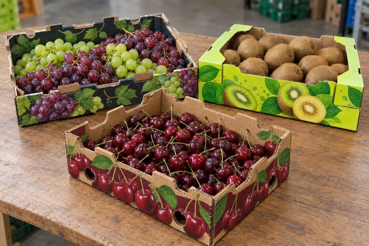 Illustrative corrugated fruit boxes filled with grapes, kiwifruit and cherries